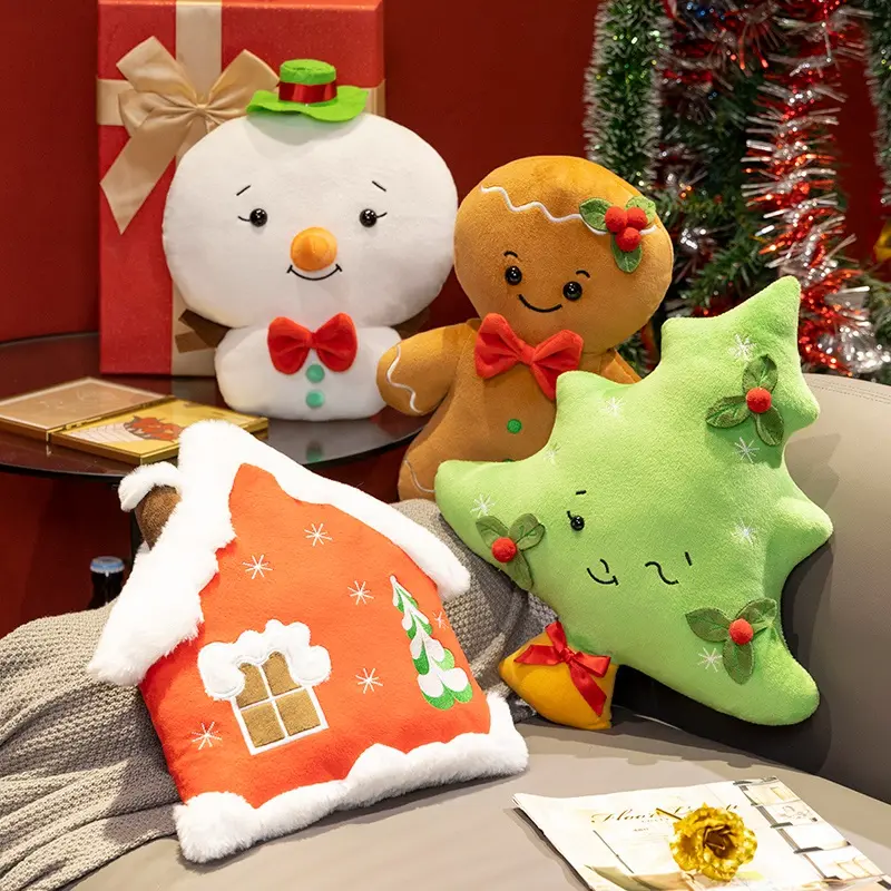 Cartoon Cute Christmas Gingerbread Man Stuffed Animal Plush Doll - Furry-Textured, Adorned with Red Bow, Green Star, Snowflake Designs, Collectibles, 11.5-15 in, Ornament, Holiday Gift, Ages 12+