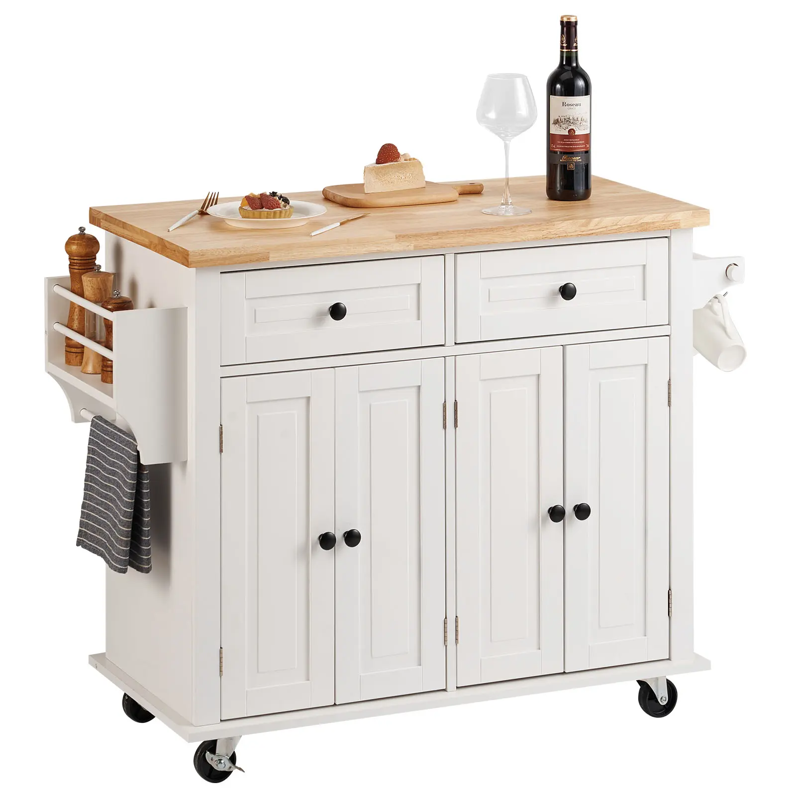 VEVOR White Kitchen Island Cart with Solid Wood Top, 35.4" Width Adjustable Storage Cabinet, Drawer Organizer Cabinet, Spice Organization, Towel Rack Handle, Easy Setup, Rolling Mobile Portable Table#BackToSchool
