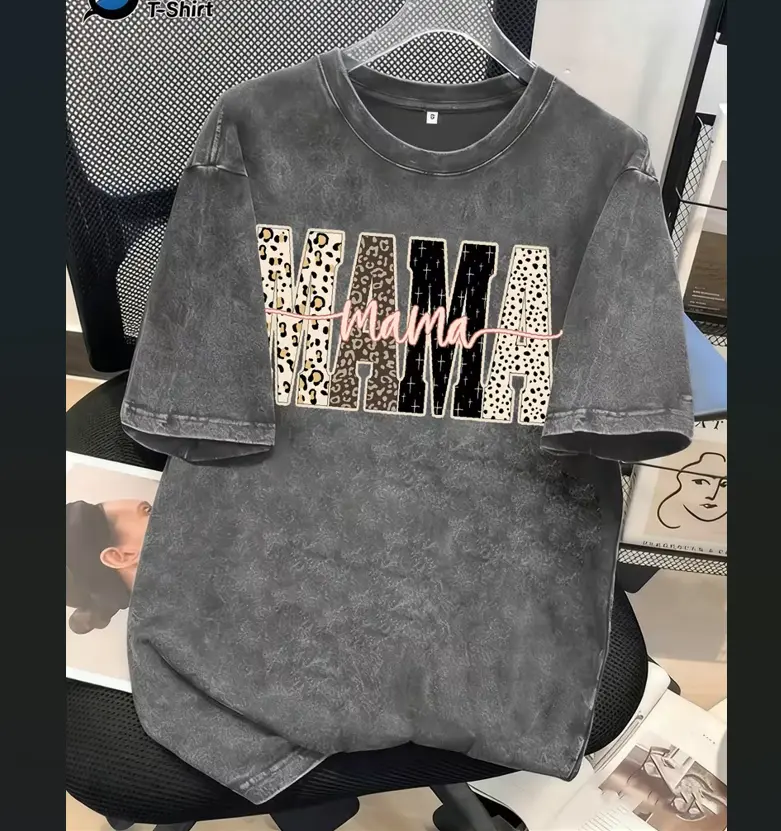 Women's Graphic T-Shirt with Mama Leopard Print, Casual Round Neck Design in 100% Washed Cotton, Gifts for Women, Trendy Shirts, Lady, Mom Stuff, Shortsleeve, Tshirt