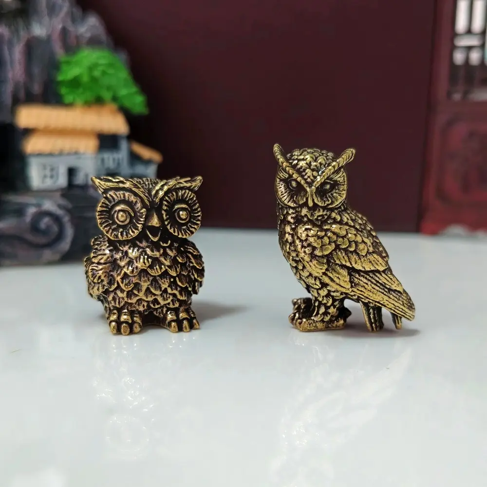 Brass Hollow Owl Figurine Animal Design Home Car Office Desktop Decoration Figurines Decor Decorative Sculptures Craft Gift Small Animal Statue Ornament