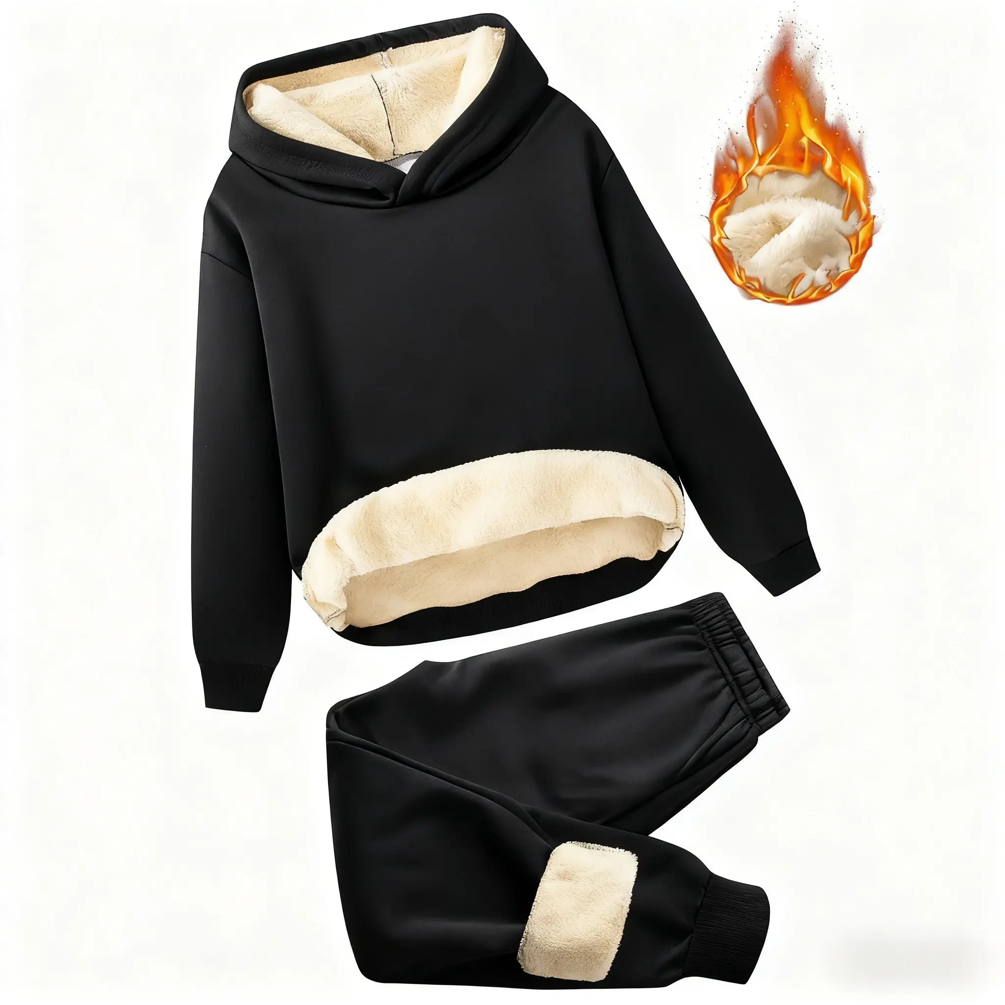 Men's 2-Piece Fleece-Lined Thick Hooded Matching Workout Set - Soft Hoodie & Track Bottoms, Solid Color, Autumn Winter Daily & Sports Athletic Sportswear