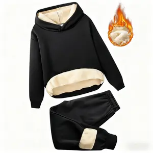 2-Piece Autumn Winter Tracksuit - Fleece-Lined Thickened Hoodie & Pants, Solid Color for Comfortable Sports & Daily Wear