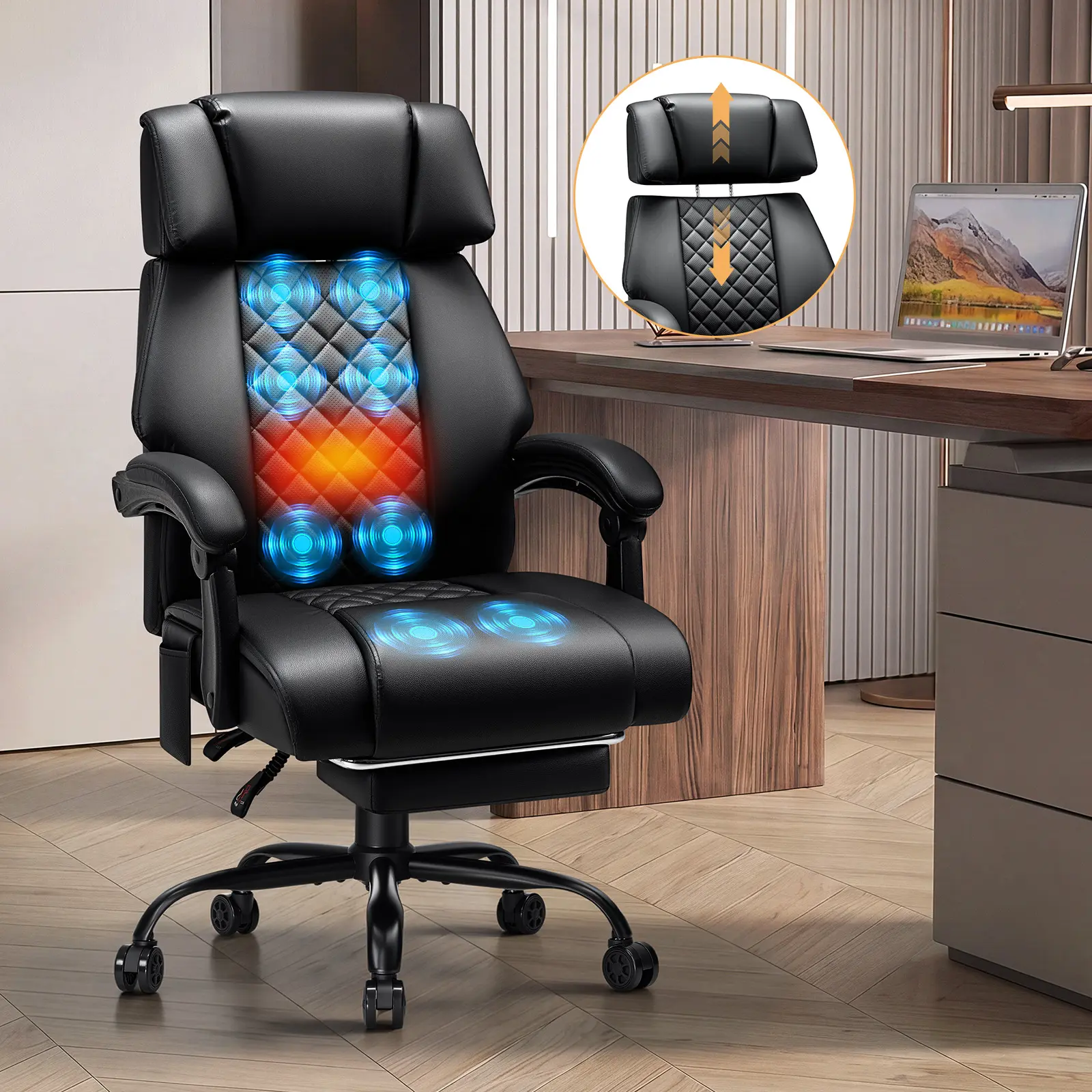 HOFFREE 8-Point Vibration & Heat Massage Office Chair with Footrest,Black | Massage Desk Chair for Heavy People 500lbs Big and Tall Office Chair with Adjustable Headrest and Linkage Armrests,Leather