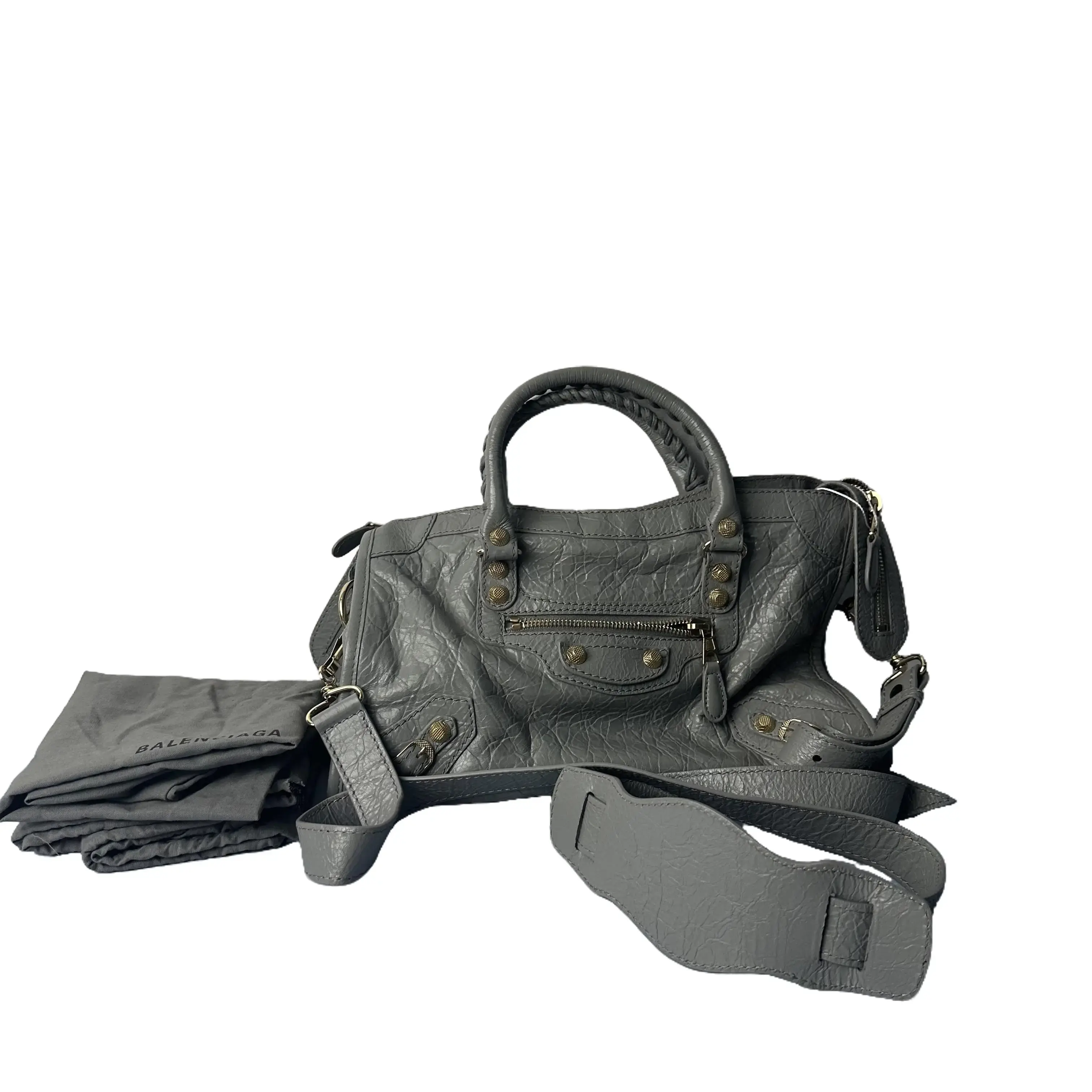 Pre-owned Balenciaga Mini Motorcycle Bag, Grey Wax‑Leather with Bronze‑Tone Studs, Hand‑carry & Cross‑body Style, Equipped with Shoulder Strap TKB00000215