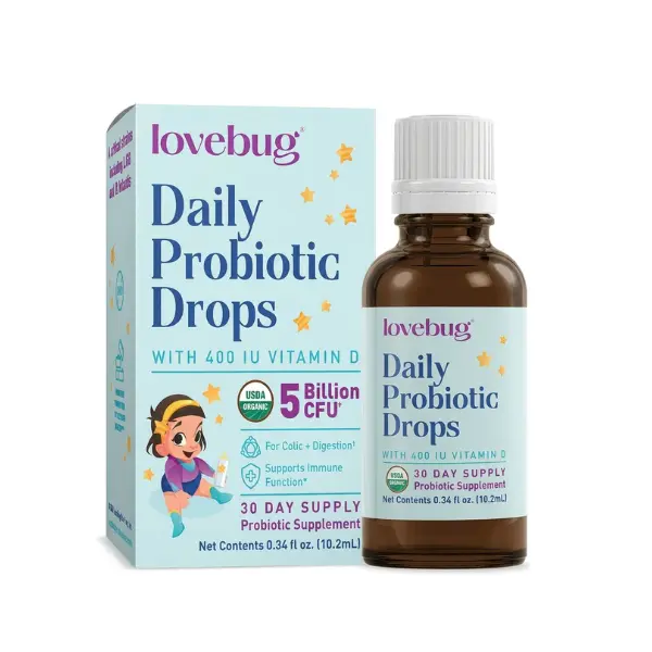 Lovebug Daily Probiotic Drops | 5 Billion CFU, 6 Probiotic Strains | USDA Organic | 400 IU Vitamin D | Daily Gut and Immune Support | 30 or 60 Day Supply