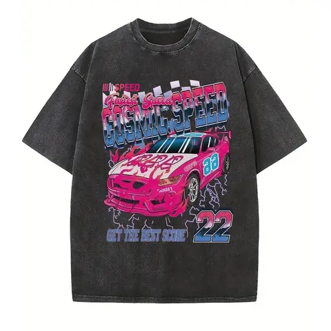 Men's Stylish Oversized Short-Sleeve Round Neck Washed Cotton Tshirt - 22 Cosmic Speed Racing Car Graphic, Black/Pink Unisex Menswear Streetwear Clothing, No Signal Front Emblem Motorsport Top for Anime Fans