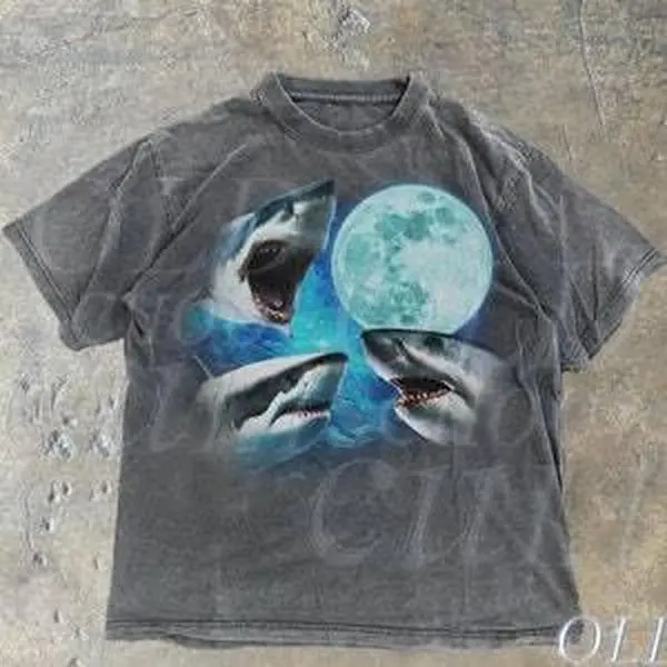 Three Sharks Vintage Graphic T-shirts, Retro Shark Moon Tshirt, Skark Ocean Lovers, Funny Graphic Tee, Oversized Washed Tee, Weirdcore Shirt