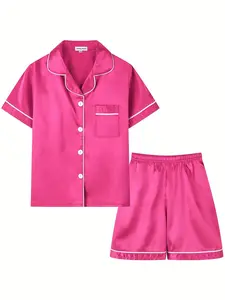Kids Silk Satin Pajamas Set - Solid Hot Pink Short Sleeve Button Down Sleepwear for Toddler Girls Boys, Soft Luxury Pjs Matching Loungewear Shorts Set, Comfy Toddler Nightwear Summer Homewear Set Birthday Gift