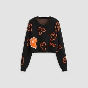 Cider [size 2-10] Halloween Round Neck Ghost Long Sleeve Crop Sweater