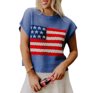 Mntaor Women's American Flag Graphic Relaxed Fit Short Sleeve Knit Sweater Top for Independence Day Festivals & Casual Streetwear Knitwear - Womenswear