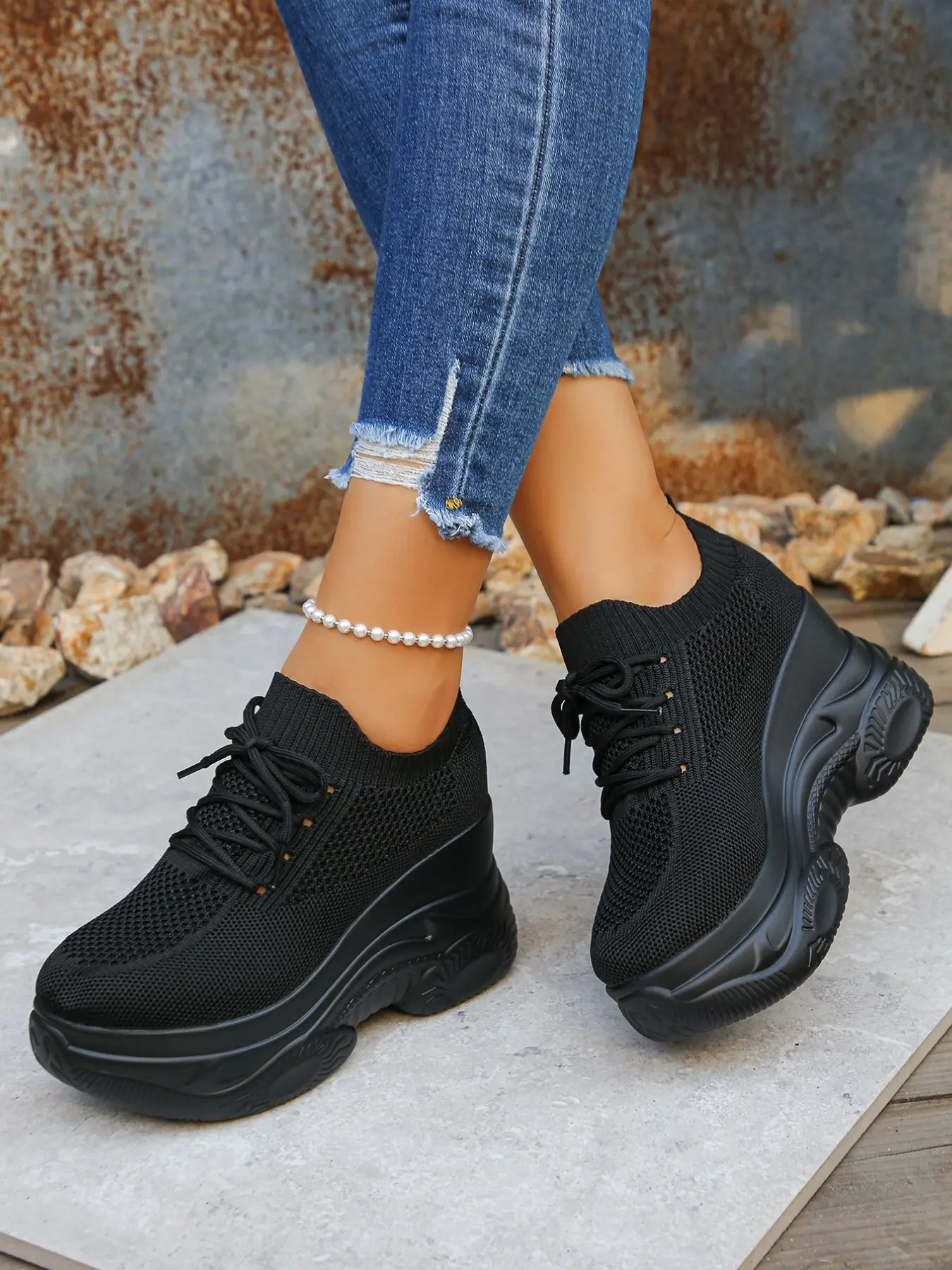 Women's Black & White Fashion Wedge Platform Hidden Heel Casual Sneakers, Hollow Out Breathable Fabric Upper, Must-Have for Petite Ladies, Comfortable & Elegant for Home, Formal Occasions, Travel, Daily, Work & Commute, Platform Casual Shoes