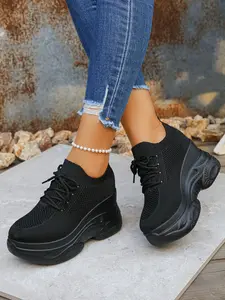 Women's Black & White Fashion Wedge Platform Hidden Heel Casual Sneakers, Casual Trainers, Hollow Out Breathable Fabric Upper, Must-Have for Petite Ladies, Comfortable & Elegant for Home, Formal Occasions, Travel, Daily, Work & Commute