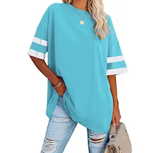 Imily Bela Womens Oversized Tees Loose T Shirts Half Sleeve Crew Neck Color Block Cotton Tunic Tops