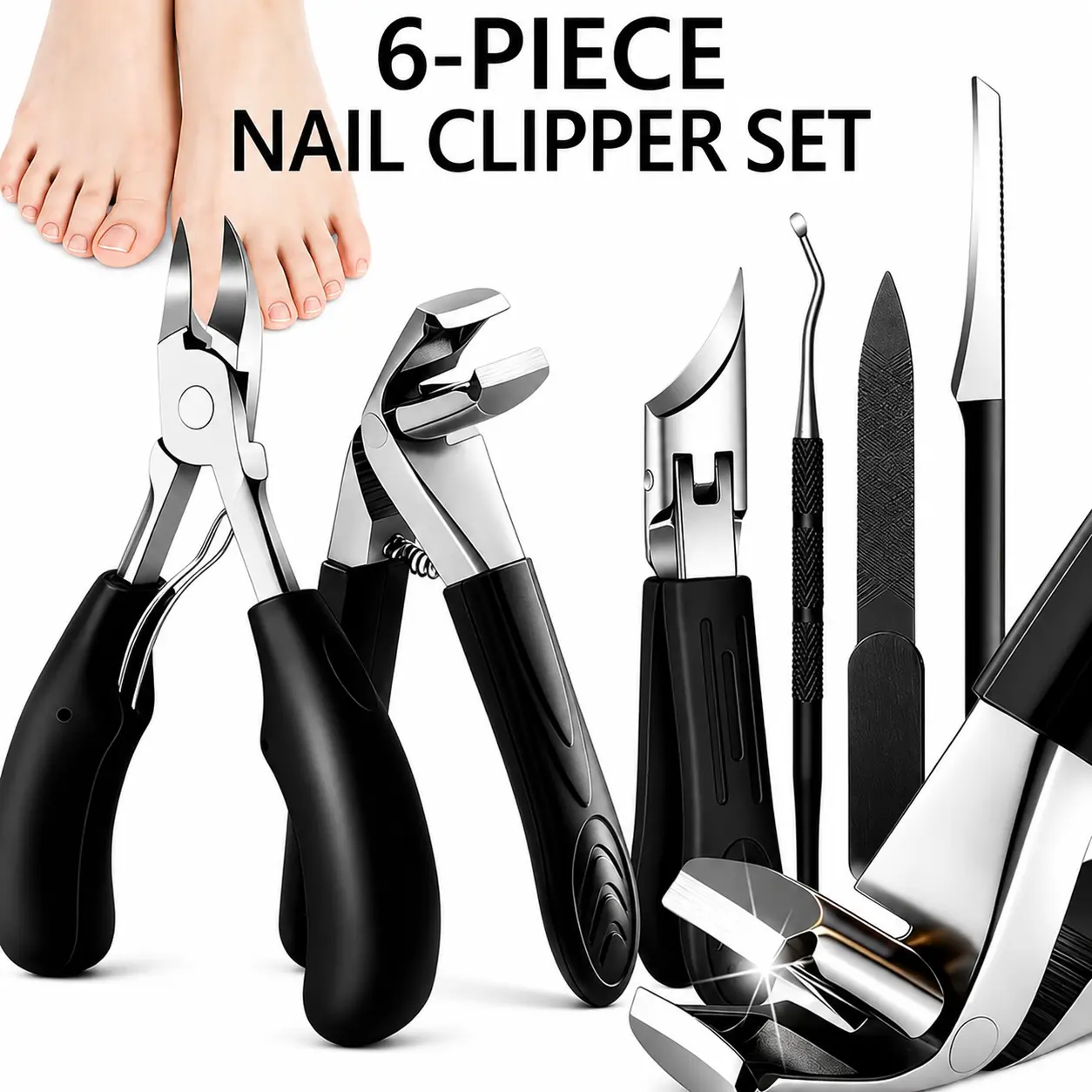 6-Piece Professional Thick Nail Toenail Tool Kit - Heavy-Duty Podiatrist Ingrown Nail Set with Sharp Cutter, Metal File & Lifter for Men & Seniors Clippers nail clipper Nail Care Products Nail File And Buffer