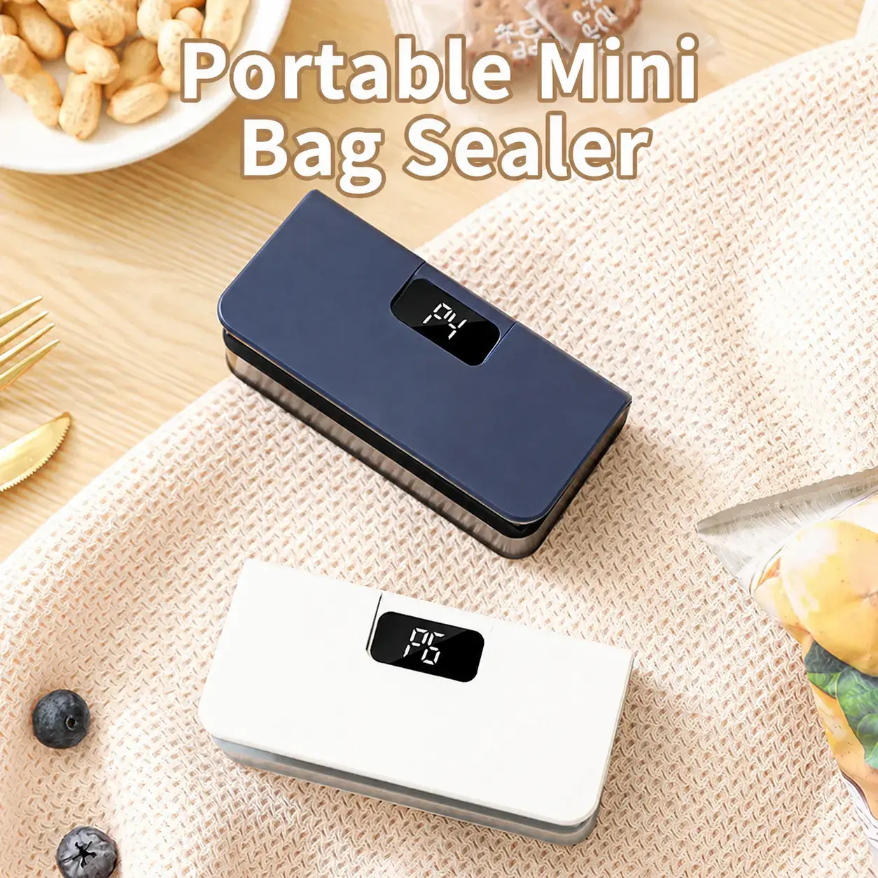Smart Mini Bag Sealer & Cutter with LED Power Display | 6-Gear Adjustable Rechargeable Heat Sealer | Portable Handheld Food Saver for Chips & Snacks (Blue & White)