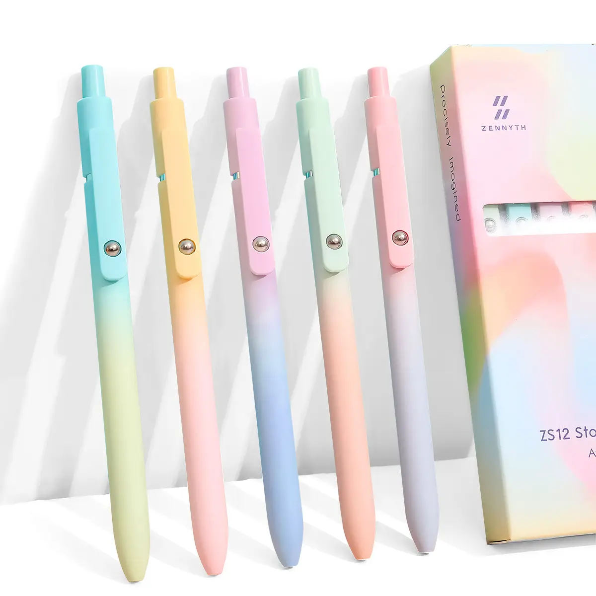 5pcs 0.7mm rainbow style simple press-type quick-drying pen set, suitable for students, nurses, souvenirs, exam practice writing pens. It is a simple round pen with gradient colors on the body.(5pcsBlack Ink)