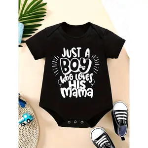 Baby Boy's "Just A Boy Who Loves His Mama" Cotton Jumpsuit - Short Sleeve, Casual Black Onesie with White Lettering, Machine Washable, Ideal for Spring & Summer Outdoor Wear, Baby Boy Clothes, Perfect for Outdoor