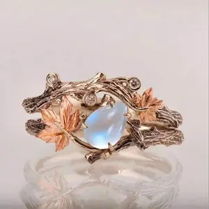 Fashion Nature Style Ring with Blue Moonstone Branch & Maple Leaf Design Vintage Engagement Wedding Band Romantic Gift for Anniversary Valentine’s Day Fashion Jewelry