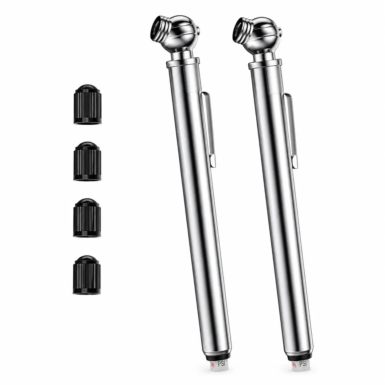 Heavy-Duty Pencil Tire Pressure Gauge 2 Pack, Stainless Steel Air Pressure Gauge with Metal Nozzle & Valve Caps, 10-75 PSI Tire Gauge for Cars, SUVs, Pickups, RVs, Motorcycles & Bicycles