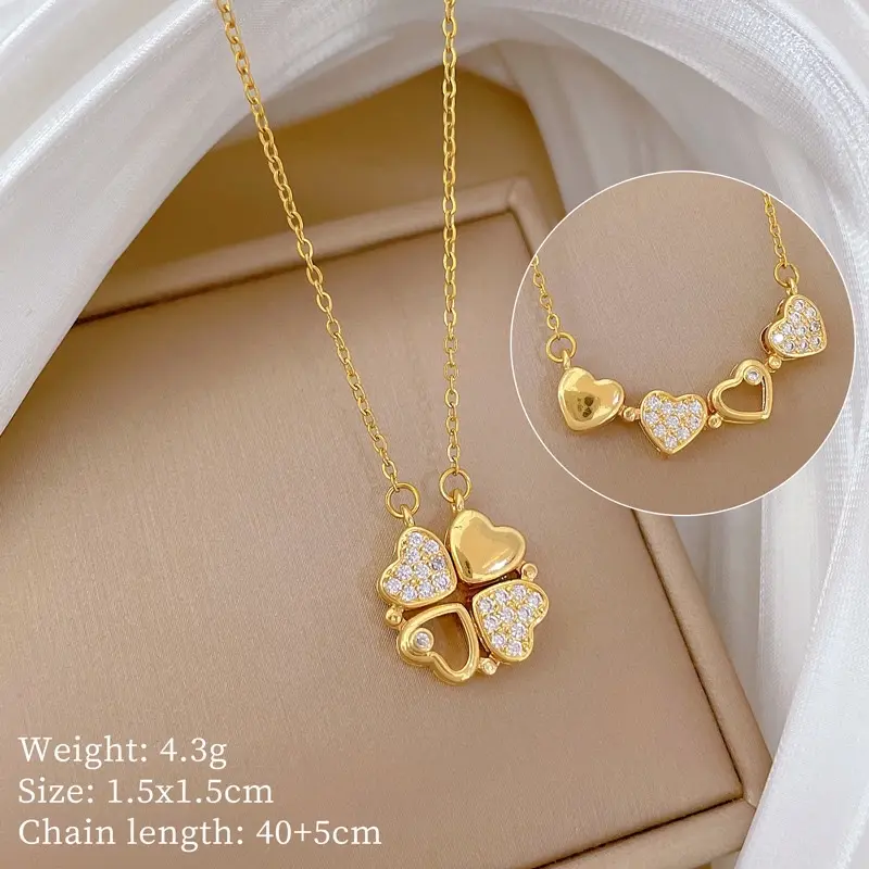 Elegant Heart & Clover Pendant Necklace 4.3g 1.5x1.5cm 40+5cm Chain Length Gold Tone Jewelry