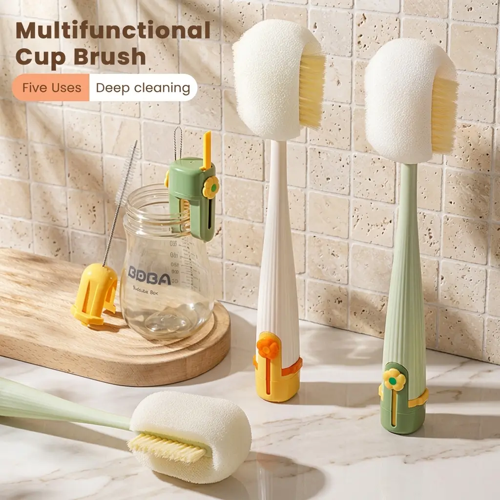 5-in-1 Multifunctional Cup Brush, Flexible Silicone Bristles Bottle & Straw Cleaner for Deep Cleaning of Baby Bottles, Cups, Straws, Available in Cream White, Jasmine Green, for Kitchen Home Care Supplies, Baby Bottle