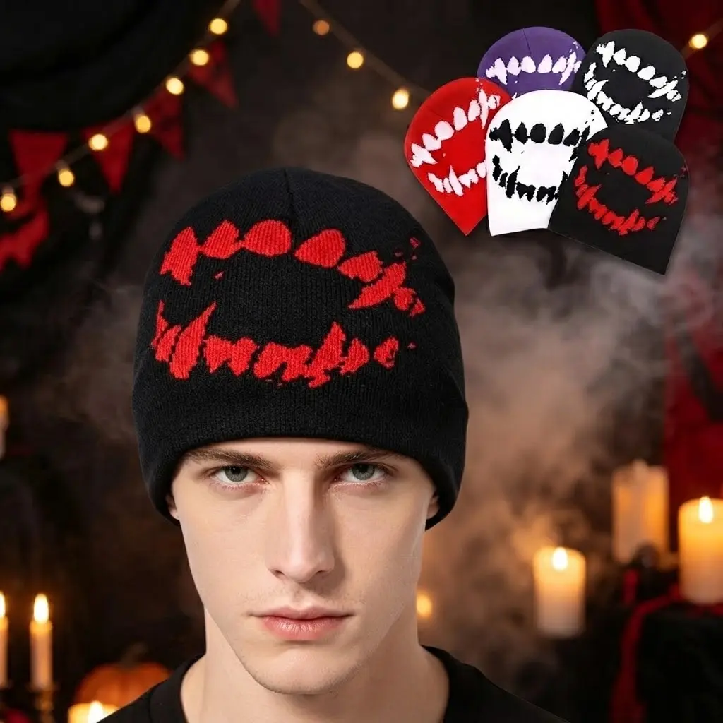 3PCS Unisex Y2K Teeth Graphic Jacquard Knit Beanie Hats, Wide Mouth Tooth Pattern Skull Caps, Gothic Grunge Streetwear Winter Hats for Men & Women, Hip Hop Fashion Headwear