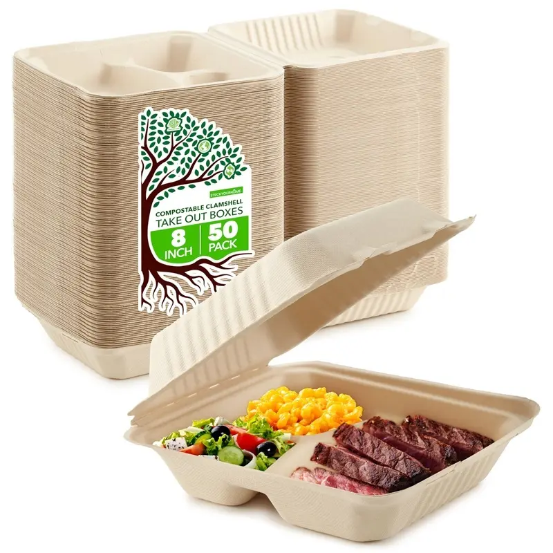 Bagasse Clamshell Takeout Containers, Biodegradable Eco Friendly Take Out to Go Food Containers with Lids (8x8) 50 Count