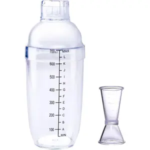 700ML Plastic Bar Cocktail Shaker Set with Measuring Jigger Transparent Scaled Shaker Cup Hand Drink Mixer for Boba Tea Protein Bar Tool