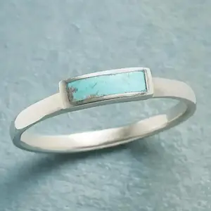 Unisex Rectangular Turquoise Inlay Minimalist Band Ring, Vintage-Inspired, Available in Multiple Sizes