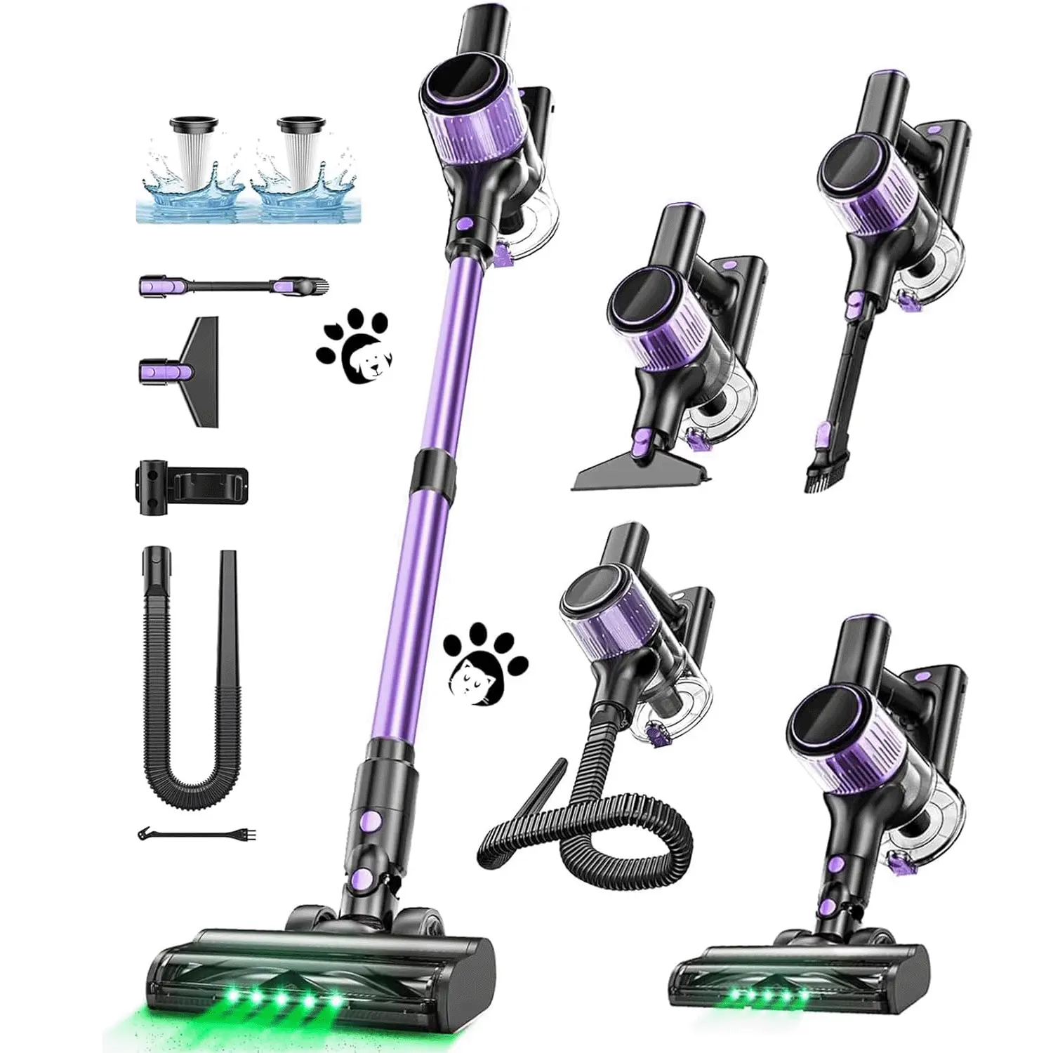 Cordless Vacuum Cleaner 10 in 1 Stick Vacuum with Powerful Suction Hose Green LED Light Anti-Tangle Brush Lightweight Rechargeable for Home Hardwood Floors Carpets summerwins