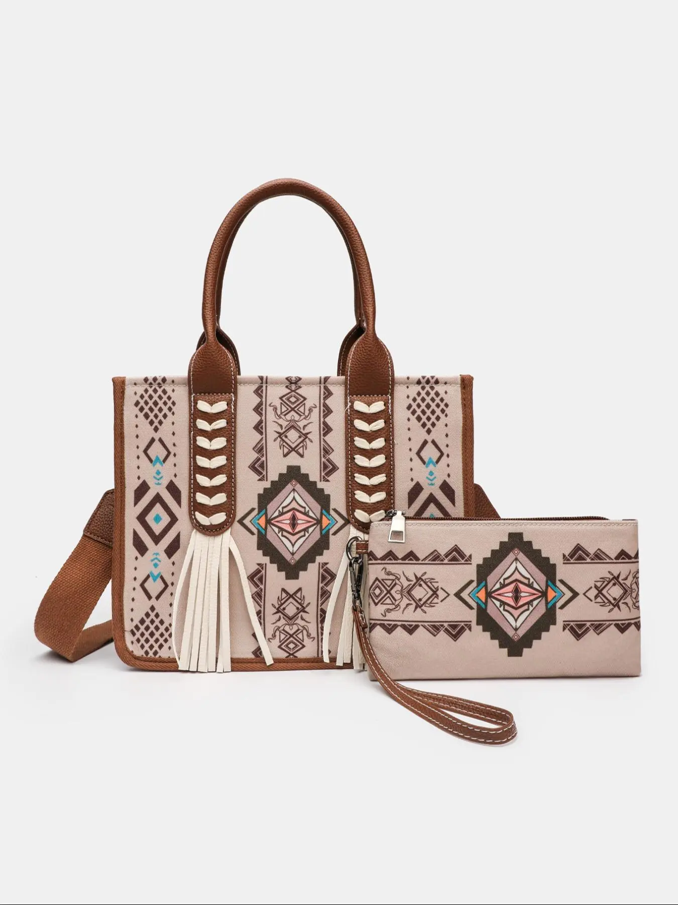 Boho Style Embroidered Tassel Tote Bag & Clutch Bag, Fashionable Shoulder Crossbody Bag & Wristlet, Casual Versatile Vacation Travel Bag Set for Women, Boho Aztec Purse, Crossbody Handbag Sets