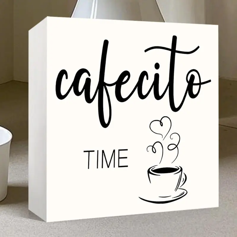 Cafecito Time Letter Pattern Coffee Station Bar Plaque, Coffee Enthusiast Home Kitchen Decoration, Home Office Decoration, Home Decor Supplies, Signs, Desk Signage Decoration