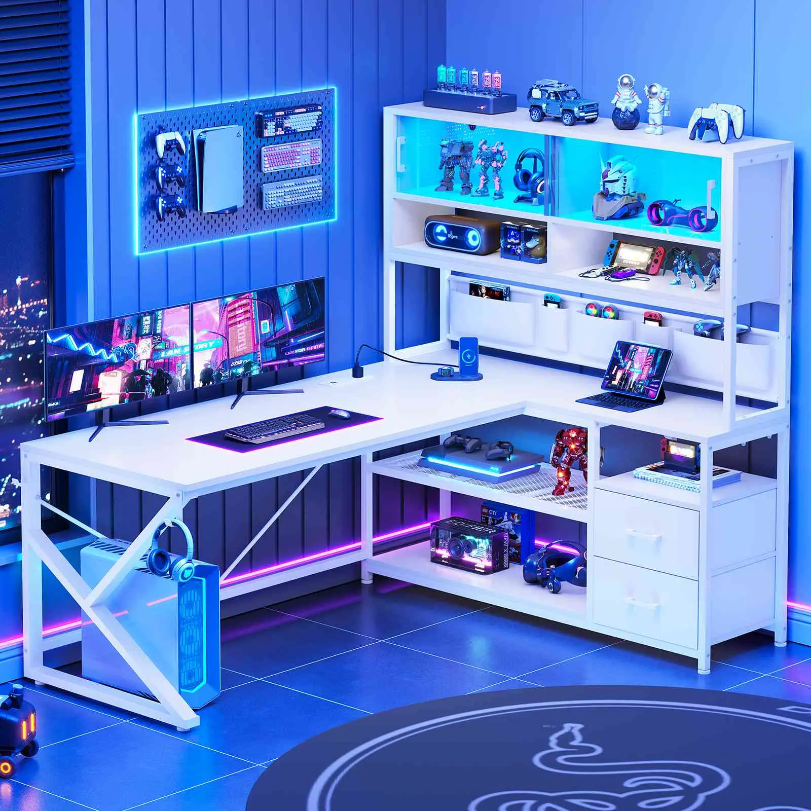 Sedeta LED L-Shaped Gaming Desk - Sturdy Computer Desk with Large Storage, Glass Cabinet, Shelves, Modern Organizer for Home Office, Gamer Man Cave Furniture, L-Shaped Desks