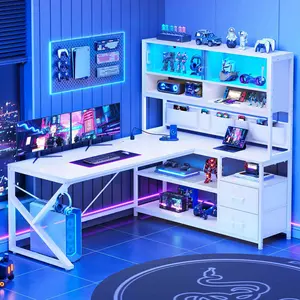 SEDETA LED L-Shaped Gaming Desk with Storage for Home Office Game Table with LED Lights, Glass Cabinet Furniture Shelves Modern Organizer，Large Computer Gaming PC Desk, Writing Table Study Desk for Bedroom, Study, Office