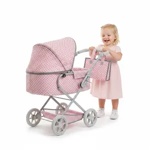 2 in 1 Baby Doll Stroller Foldable Doll Pram with Detachable Basket,Handbag,Pink Polka Dots,Dolls Up to 22" Doll, Dolls to Play Baby Doll Convertible Lightweight Pram Stroller for Kids