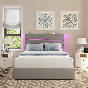 CollaredEagle Queen Platform Bed Frame with Upholstered Tufted Headboard, 4 Storage Drawers, Wooden Slats Support, Built-in Charging Station & LED, No Box Spring Needed