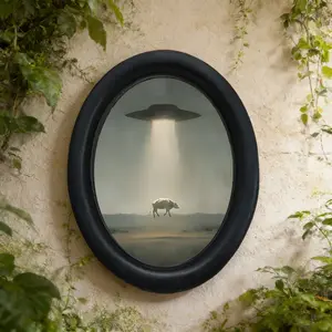 Cyberpunk Style Space Theme Design Ufo Cow Oval Frame Wall Decor, Dark Sci-Fi Bar Gaming Room Vintage Wall Art, Halloween Thanksgiving Christmas Decoration, Ornaments Print Holiday Fit