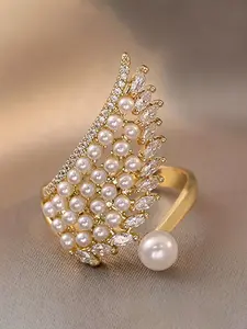 Women's Elegant Faux Pearl & Rhinestone Decorated Ring, Exquisite Trendy Ring, Fashionable Jewelry for Women As Gift, Trendy Jewellery Accessories