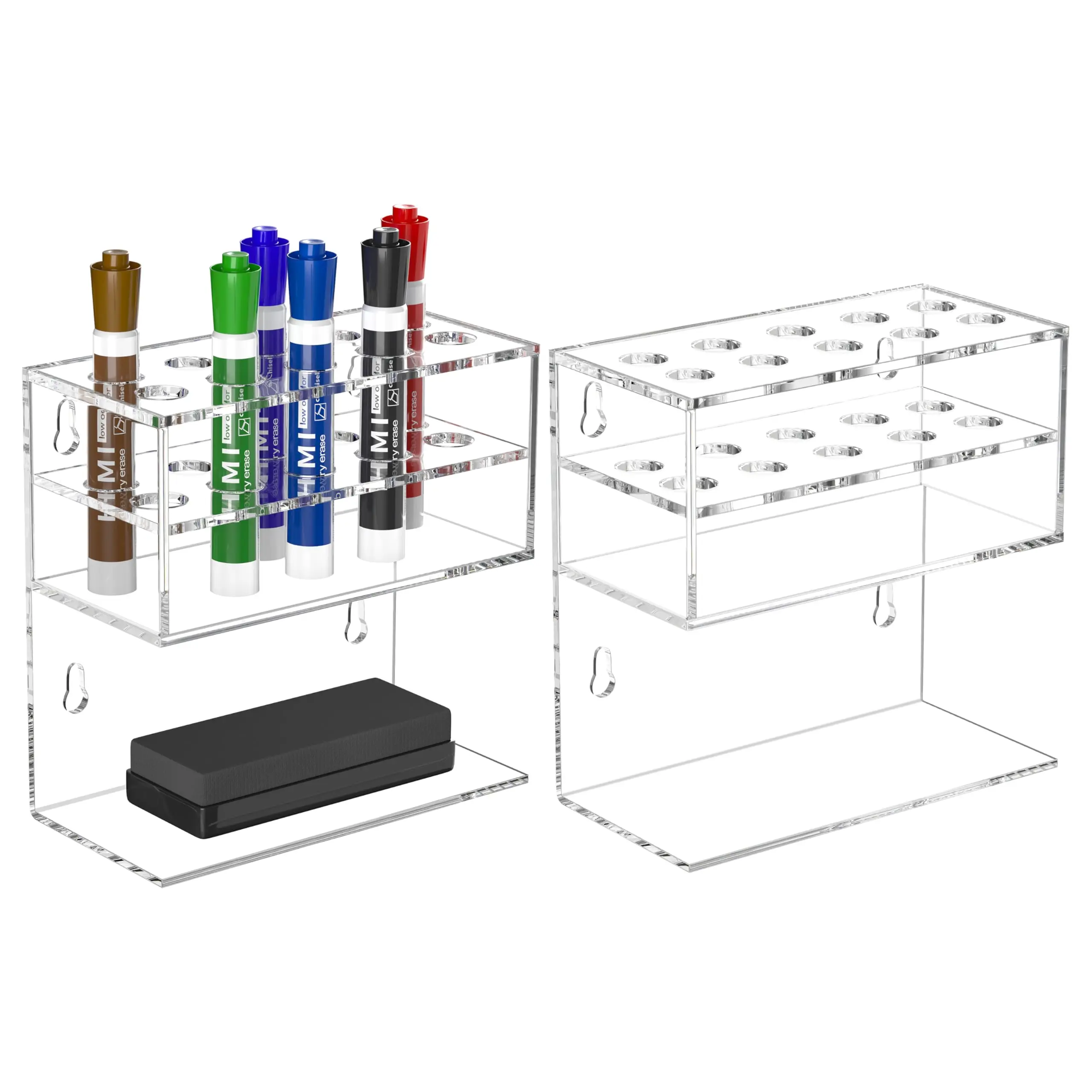 Dry Erase Marker Holder For Whiteboard Wall Mounted 2-tier 10-slot Organizer Stand School Office Home-clear 2pcs