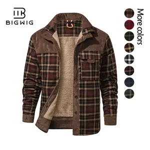 BIGWIG Men's Lambswool Lined Flannel Plaid Jacket, Long-Sleeved Button-Up Winter Coat, Cotton Jacket, Warm Flannel Plaid Jacket, Button-Up Wool Coat, with Pockets, Warm Pure Cotton Jacket