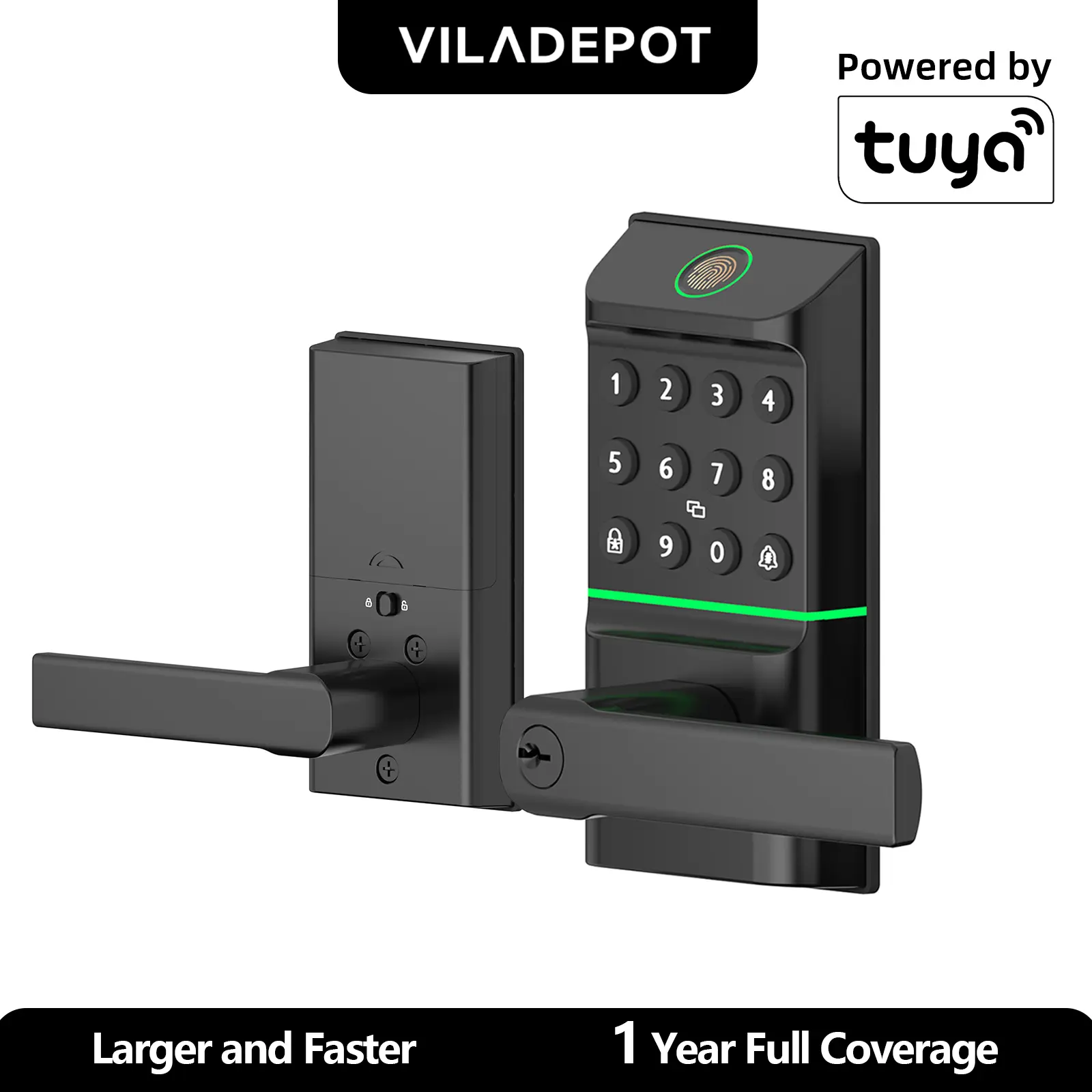 VILADEPOT Biometric Fingerprint Smart Lock with Handle, Keypad & Code - Larger & Faster Biometric Fingerprint Recognition, Electric Deadbolt Door Knob, Battery Powered, 1 Year Full Coverage for All Doors (Black), Front, Bedroom