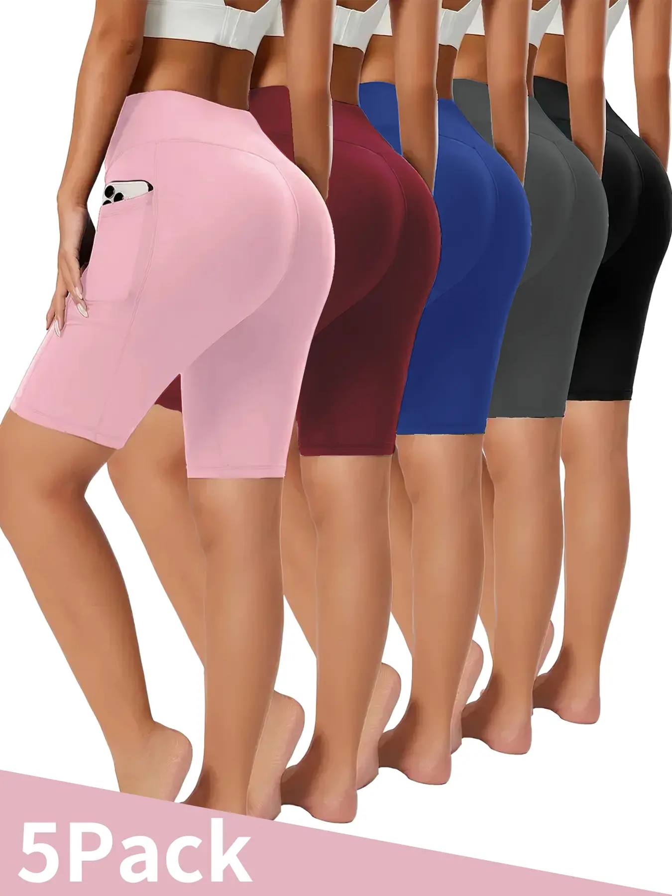 5-Piece Pastel Summer Athletic Shorts for Women, 5" Inseam High Stretch, 2 Side Pockets, Sweat Absorbent Quick Dry, for Spring Running, Tennis & Workout