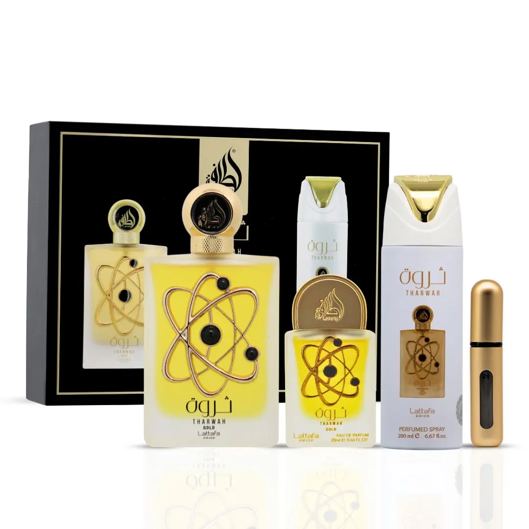 Lattafa Pride Tharwah Gold – 4-Piece Luxury Gift Set (100ml EDP + 20ml EDP + 200ml Perfumed Spray Gift Box), Floral Eau Perfume, Perfumes For Women