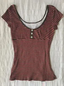 Spring Summer Young Women Lady New T-Shirt, Style Casual Striped Y2K Large U Neck Lace Tee, Button Decorated Fitted Short Sleeve Top, Womenswear