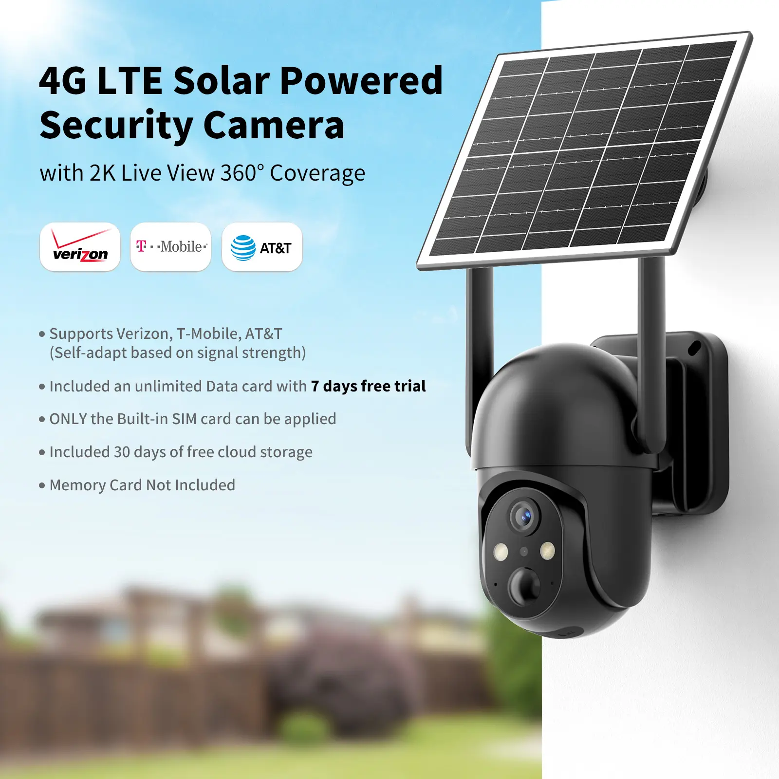 [SummerWins] 4G LTE Solar Powered Security Camera CB114S with 2K Live View 360° Coverage Two Way Audio PIR Motion Detection IP65 Waterproof Outdoor Surveillance, Built-in Cellular Card（4G LTE Unlimited Data Service need activate）