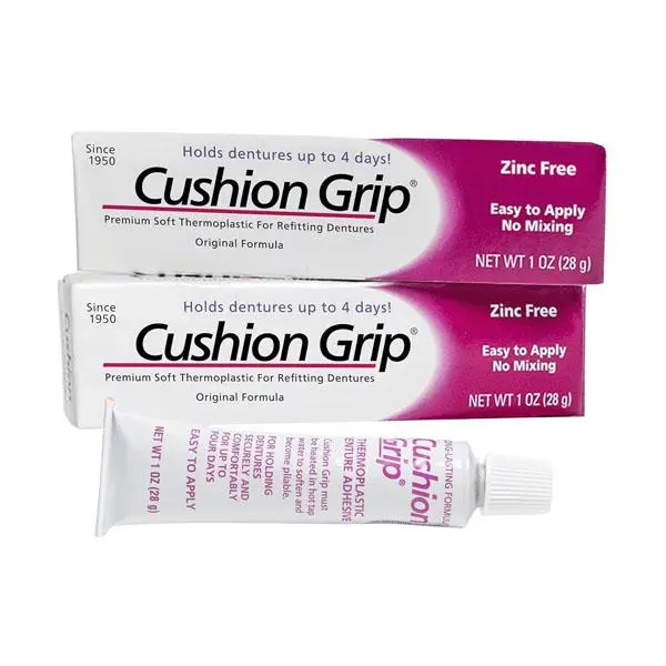 Cushion Grip Thermoplastic Denture Adhesive – Refits & Tightens Dentures, Works Like a Denture Reliner for Long-Lasting Comfort, Holds Up to 4 Days, Waterproof & Zinc-Free - 1 oz (Pack of 2)