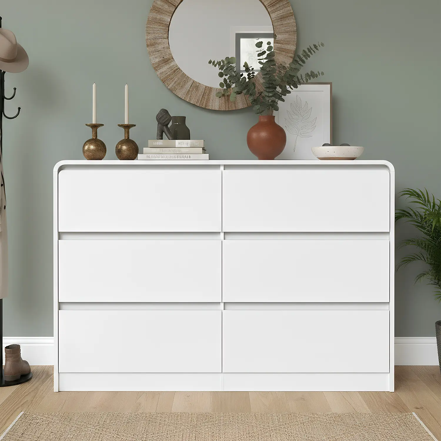 Spaco  Modern 6 Drawer Dresser with Deep Drawer,Rounded Corner Design,Storage Wide Chest of Drawer,Wood Bedroom Dresser with Handle-Less Design,TV Dresser for Living Room