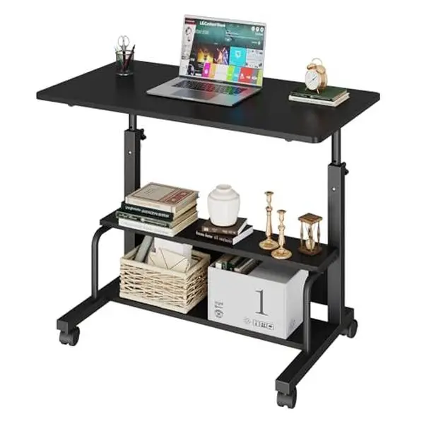 31.5 in Manual Adjustable Wheeled Base Standing Desk with Power Outlets, Small Space Mobile Computer Desk, Portable Sit-Stand Laptop Table for Home Office & Bed, Adjustable Desk