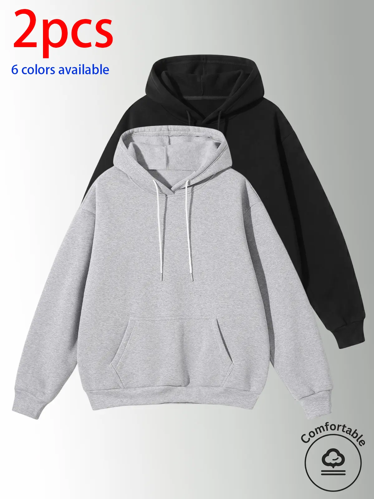 2-pack: men’s hooded sweatshirt, men’s sweatshirt. Loose fit that conceals curves and gives a slimmer look; drawstring kangaroo pockets offer practicality. Soft, comfortable, skin-friendly fabric; minimalist solid-color design; available in multiple color