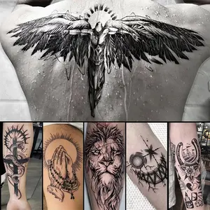 6 Large Temporary Tattoos for Men - Fallen Angels Wings Lions American Flags Praying Hands - Waterproof Anti-Friction Realistic Effect - 7-15 Days Lasting - Easy Application & Removal - Fake Tattoos for Temporary Expression